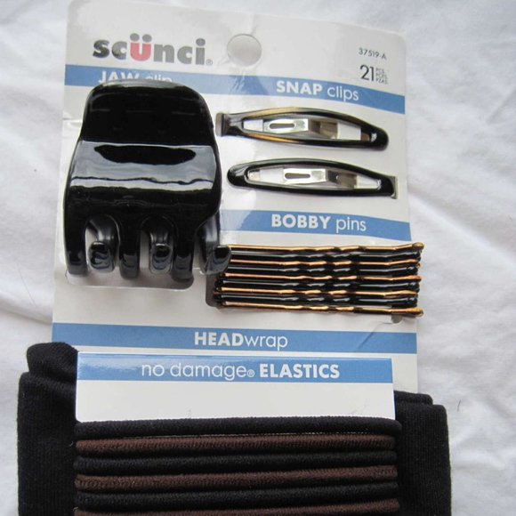 Scunci Value Variety Set 21 Pieces Hair Jaw Snap Clip Bobby Elastics Fabric Band - Picture 2 of 5